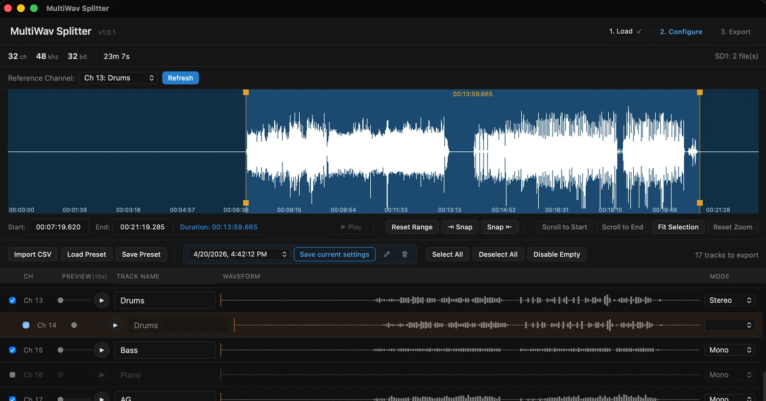 MultiWav Splitter configure screen with the reference waveform and track list